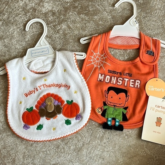 Brand New Set of 2 Cloth Baby Bibs Orange Halloween Thanksgiving Turkey Pumpkin - Picture 1 of 14